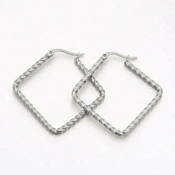 Surgical Stainless Steel Twisted Rhombus 39x39mm Silver Hoop Earrings - Picture 1 of 1
